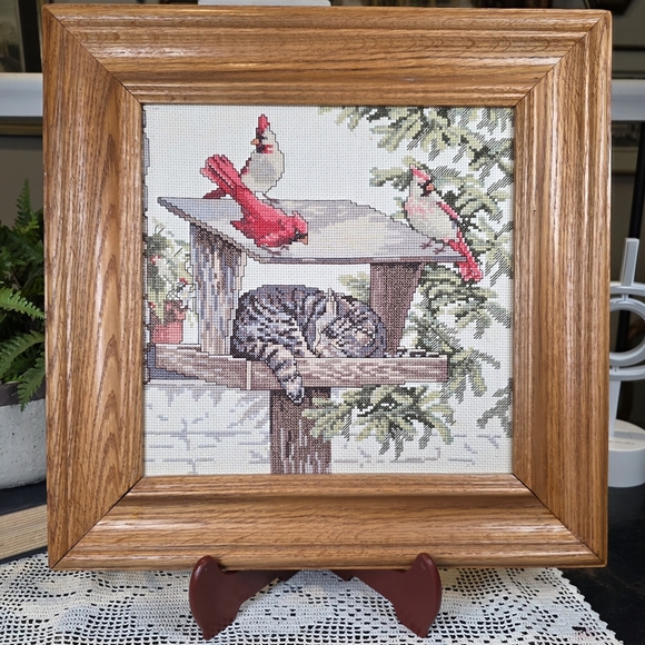 Finished Cross Stitch Cat Cardinal Art 14" Frame Needle Treasures Caught Napping - Picture 2 of 9